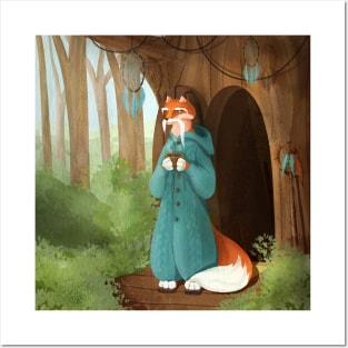 Wise cartoon fox in the forest Posters and Art